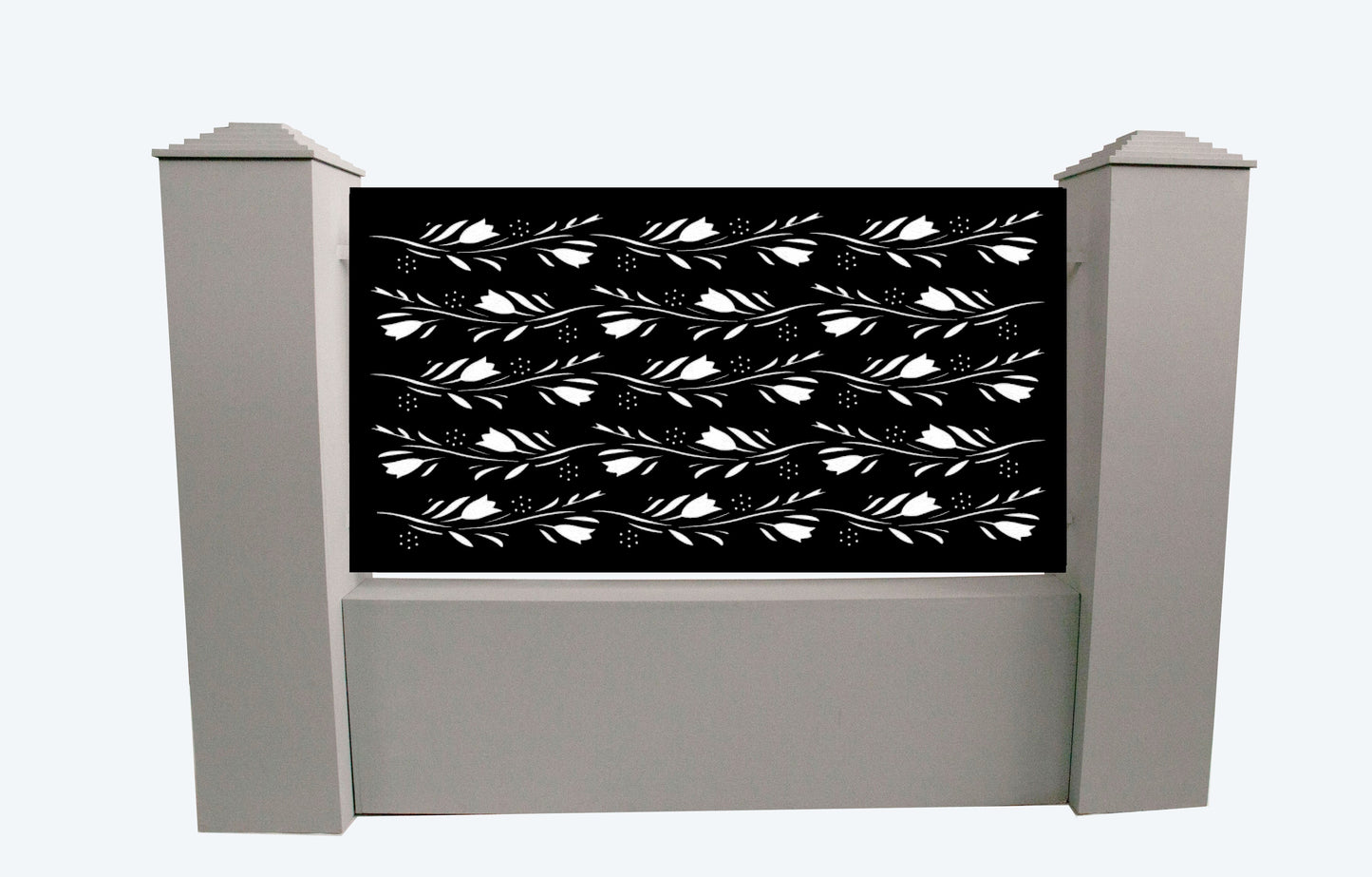 Panou de gard metalic model 046 cu design geometric starburst tăiat cu laser, culoare neagră.
