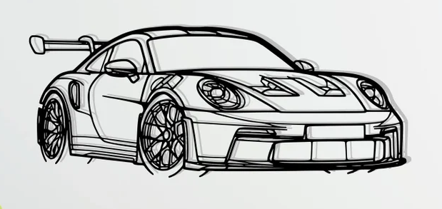 Siluetă metalică Porsche GT3RS neagră, decorațiune modernă din oțel de 2mm pentru birou sau living.