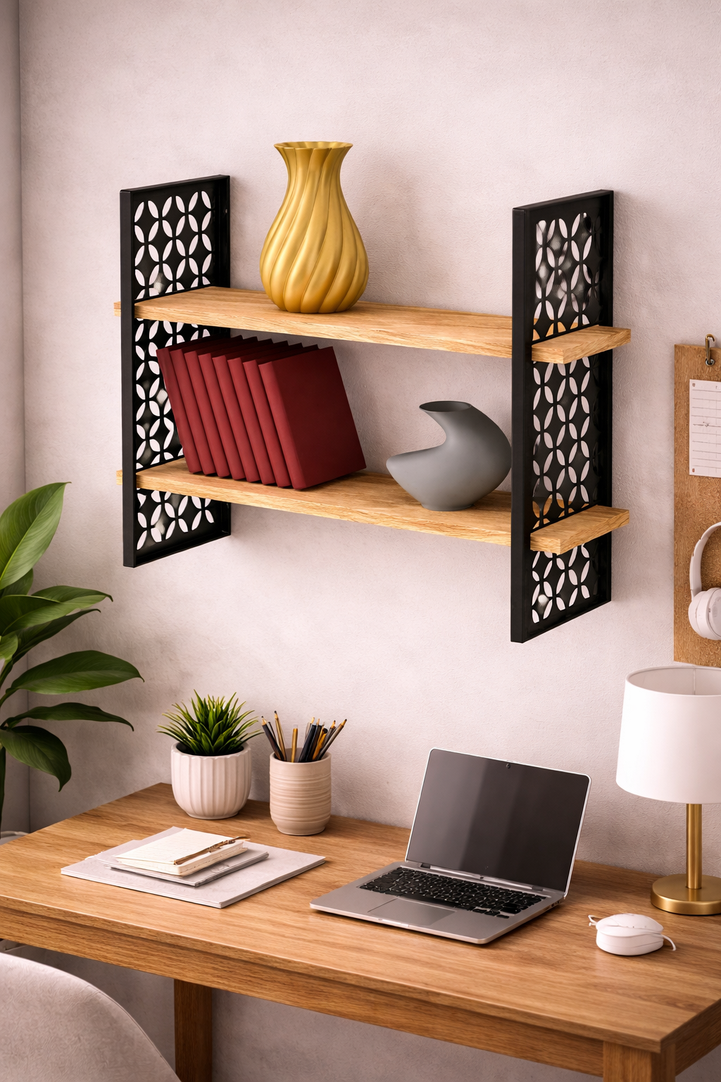 Rafturi moderne suspendate în living, design scandinav-industrial cu metal tăiat laser și lemn natural.
