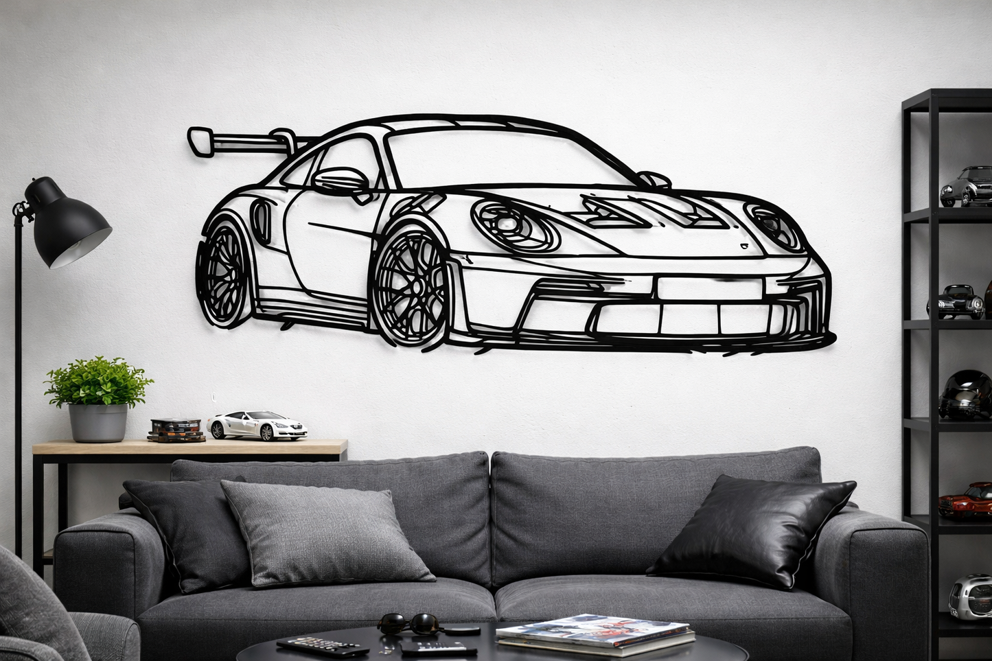 Tablou metalic Porsche GT3RS cu design minimalist tăiat cu laser, decor de perete pentru pasionați auto.