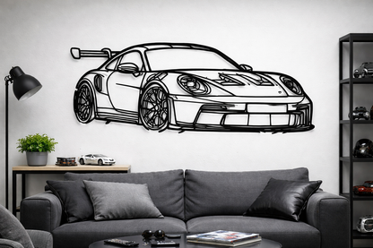 Tablou metalic Porsche GT3RS cu design minimalist tăiat cu laser, decor de perete pentru pasionați auto.