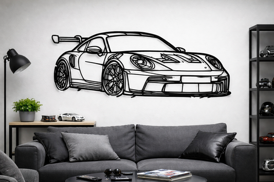 Tablou metalic Porsche GT3RS cu design minimalist tăiat cu laser, decor de perete pentru pasionați auto.