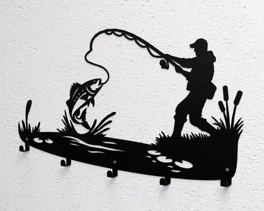Cuier de perete, Metalic, model pescar, 60x25 cm