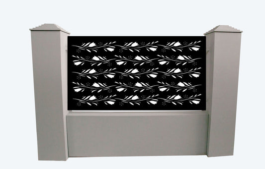 Panou de gard metalic model 046 cu design geometric starburst tăiat cu laser, culoare neagră.